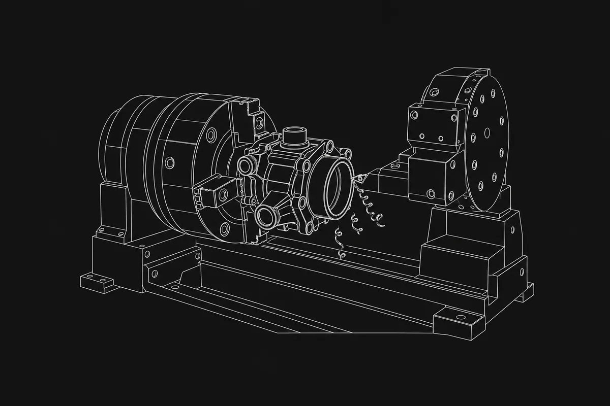 Line drawing of a lathe machining a pump housing