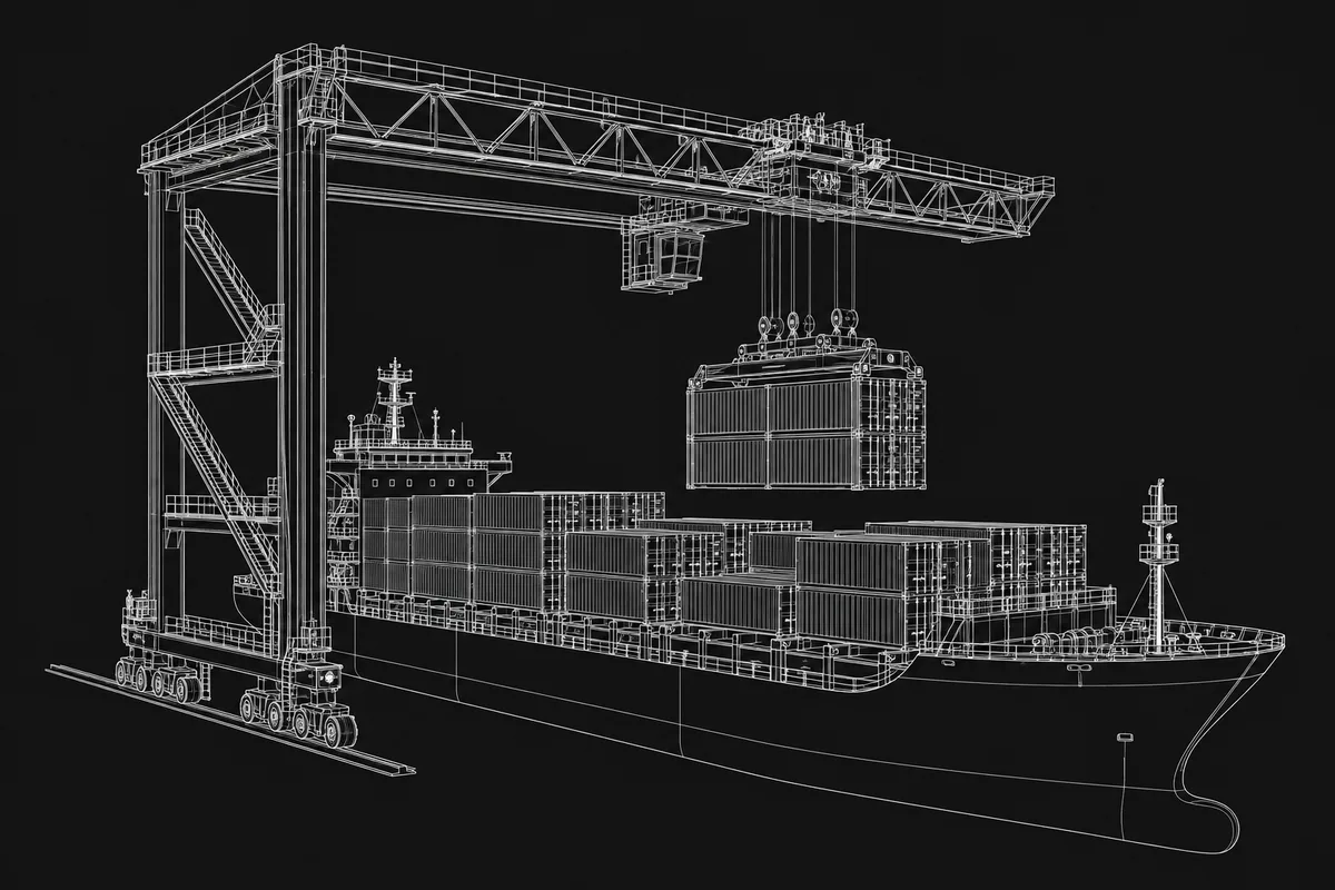 Line drawing of a gantry crane loading containers onto a ship