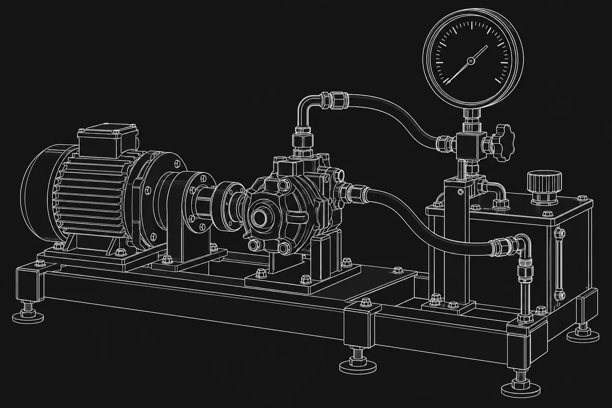 Line drawing of a pump on a test bench with a pressure gauge