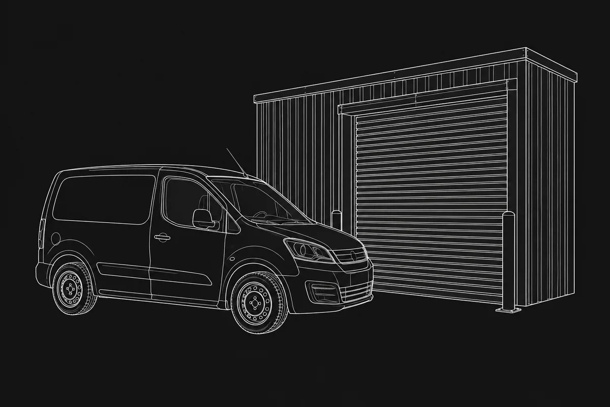 Line drawing of a delivery van at a workshop